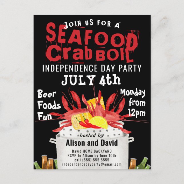 Independence Day Seafood Boil Party Invitation Postcard (Front)