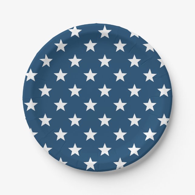 Independence Day Stars in White on Navy Blue Paper Plates (Front)