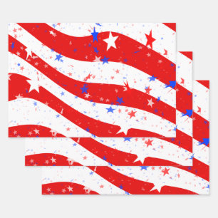 Independence Day Stars & Stripes Red White Blue Wrapping Paper Sheets