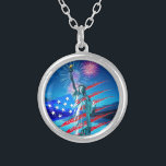 INDEPENDENCE SILVER PLATED NECKLACE<br><div class="desc">The Statue of Liberty stands prominently with vibrant fireworks illuminating the night sky in the background. Stylized red and blue stripes along with star patterns evoke a patriotic theme. Independence day. Freedom. United States of America Birthday. Digital Art
Photoshop CS5</div>
