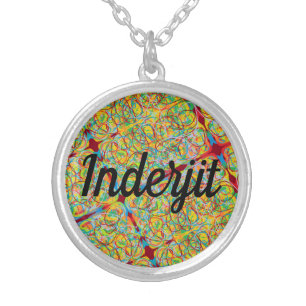 Inderjit name abstract art scribble look silver plated necklace