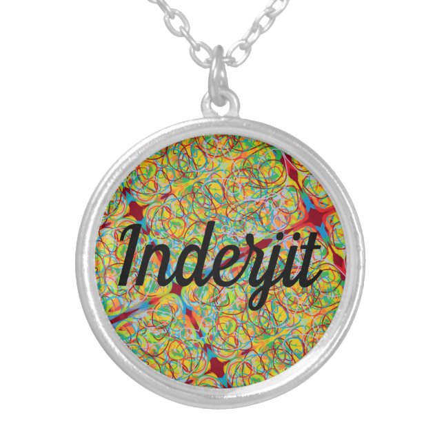 Inderjit name abstract art scribble look silver plated necklace (Front)