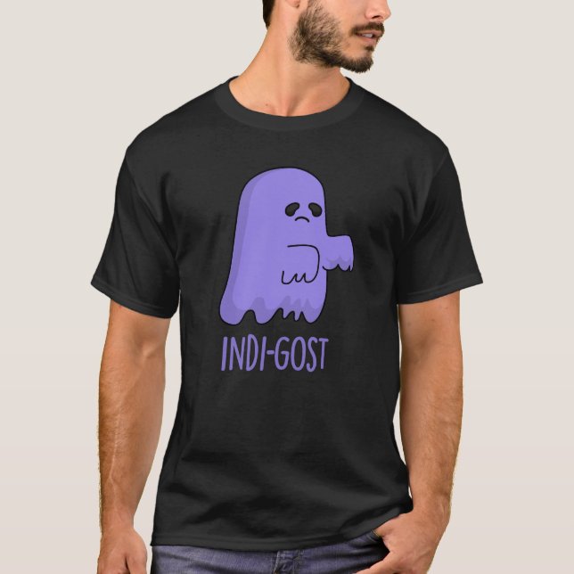Indi-gost Funny Halloween Indigo Ghost Pun Dark BG T-Shirt (Front)