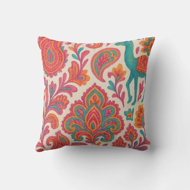 india bohemian colorful gypsy style watercolor throw pillow (Back)
