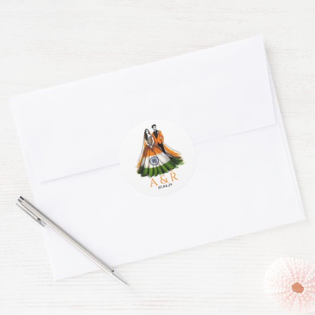 India Couple Wedding Classic Round Sticker (Envelope)