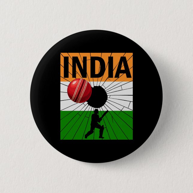 India Cricket With Indian Flag Brush Stroke Ashoka Button (Front)