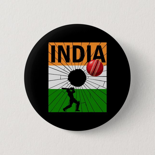 India Cricket With Indian Flag Brush Stroke Ashoka Button (Front)