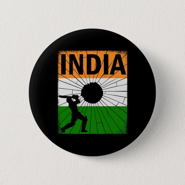 India Cricket With Indian Flag Brush Stroke Ashoka Button (Front)