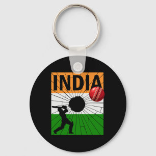 India Cricket With Indian Flag Brush Stroke Ashoka Keychain