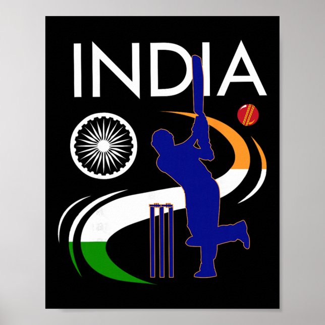 India Cricket With Indian Flag Brush Stroke Ashoka Poster (Front)