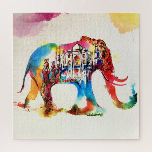 India Elephant Vintage Travel Love Watercolor Jigsaw Puzzle