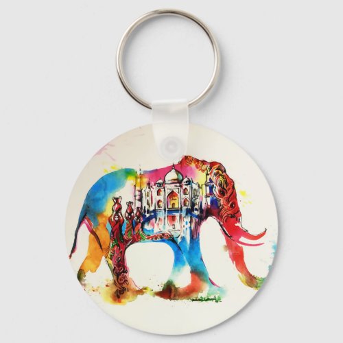 India Elephant Vintage Travel Love Watercolor Keychain