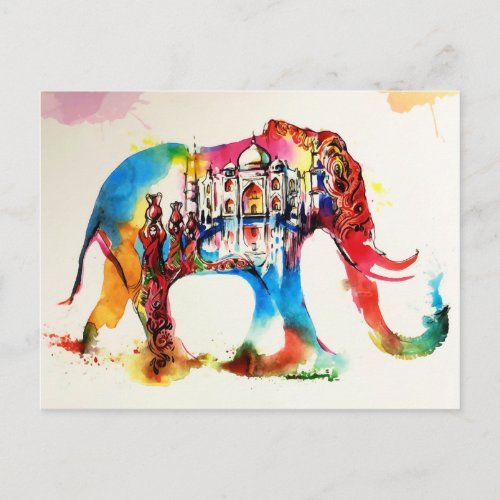 India Elephant Vintage Travel Love Watercolor Postcard