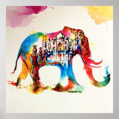 India Elephant Vintage Travel Love Watercolor Poster
