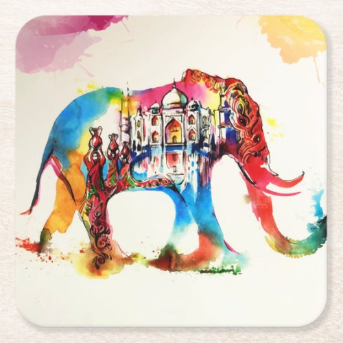 India Elephant Vintage Travel Love Watercolor Square Paper Coaster