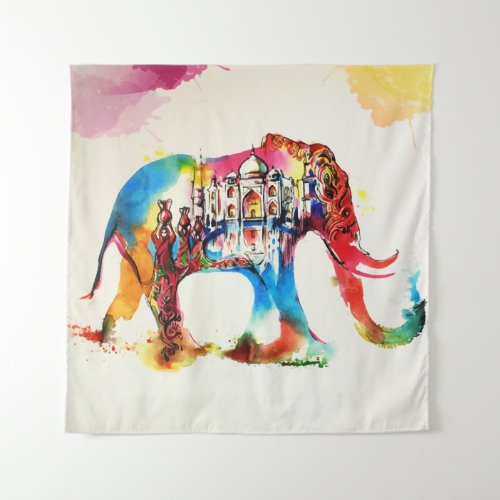 India Elephant Vintage Travel Love Watercolor Tapestry