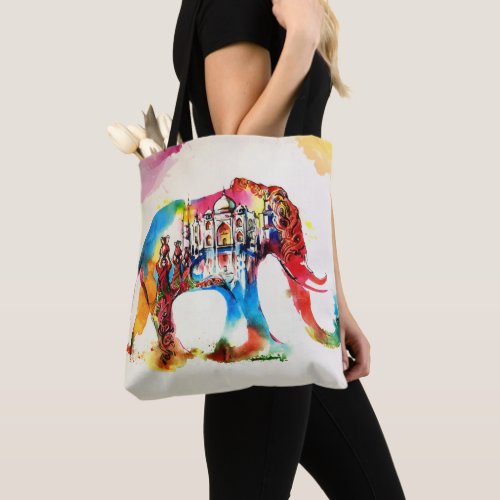 India Elephant Vintage Travel Love Watercolor Tote Bag