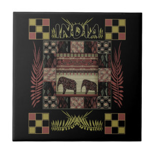 India ethnic patchwork elephants  ceramic tile