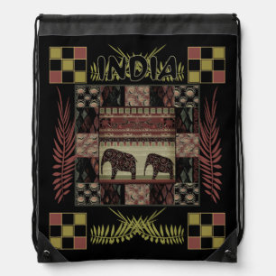 India ethnic patchwork elephants   drawstring bag