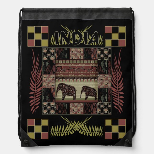 India ethnic patchwork elephants   drawstring bag (Front)