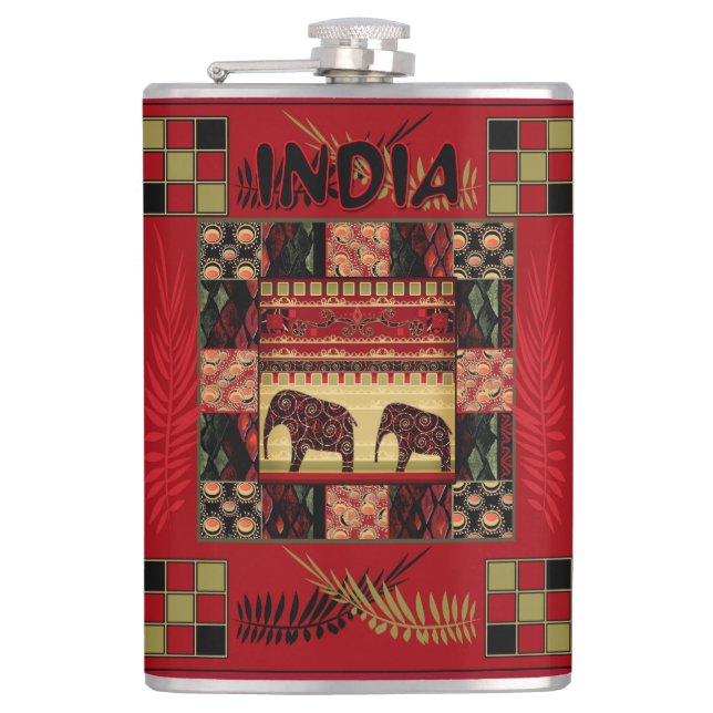 India ethnic patchwork elephants   flask (Front)