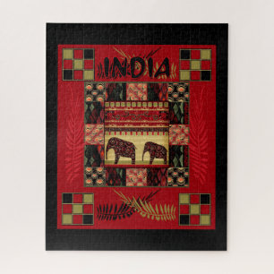 India ethnic patchwork elephants jigsaw puzzle