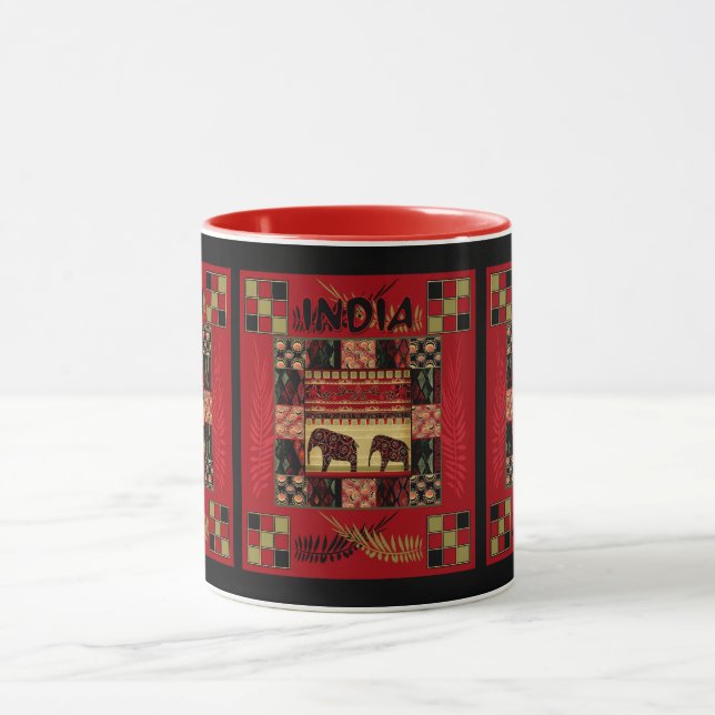 India ethnic patchwork elephants  mug (Center)