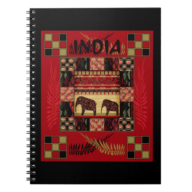India ethnic patchwork elephants  notebook (Front)