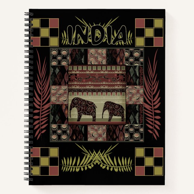 India ethnic patchwork elephants  notebook (Front)