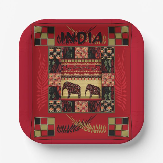 India ethnic patchwork elephants  paper plates (Front)