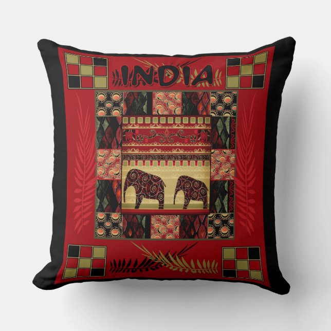 India ethnic patchwork elephants throw pillow (Front)