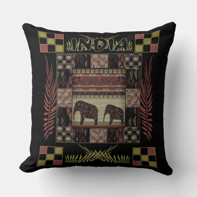 India ethnic patchwork elephants throw pillow (Front)