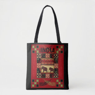 India ethnic patchwork elephants  tote bag