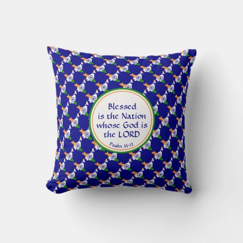 INDIA FLAG Custom BLUE Scripture BLESSED NATION Throw Pillow