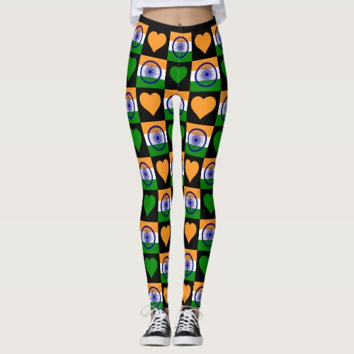 India Flag Heart Pattern Cute Patriotic Indian Leggings