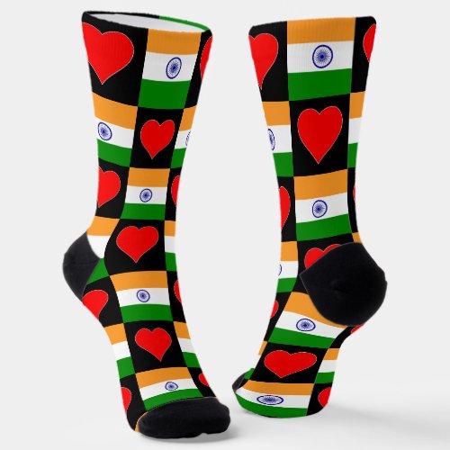 India Flag Heart Pattern Fun Indian Pride Socks