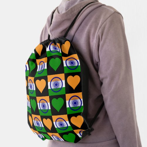 India Flag Heart Pattern Patriotic Indian Pride Drawstring Bag