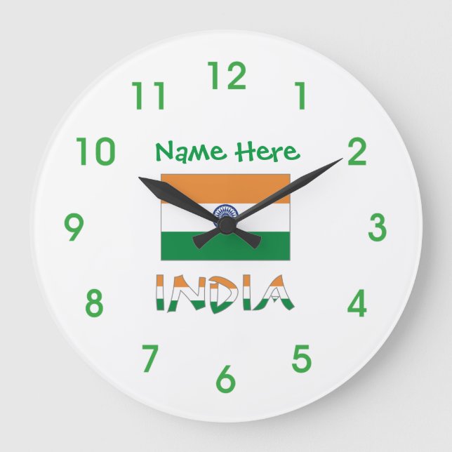 India Flag Personalized Green Round Large Clock (Front)