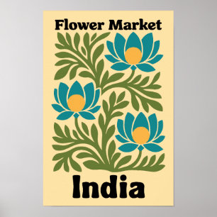 India Flower Market Teal Lotus & Botanical Leaf Poster