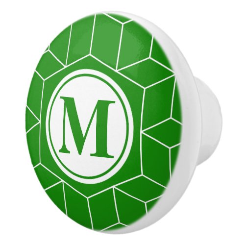 India Green Geometric and Monogrammed Pattern Ceramic Knob