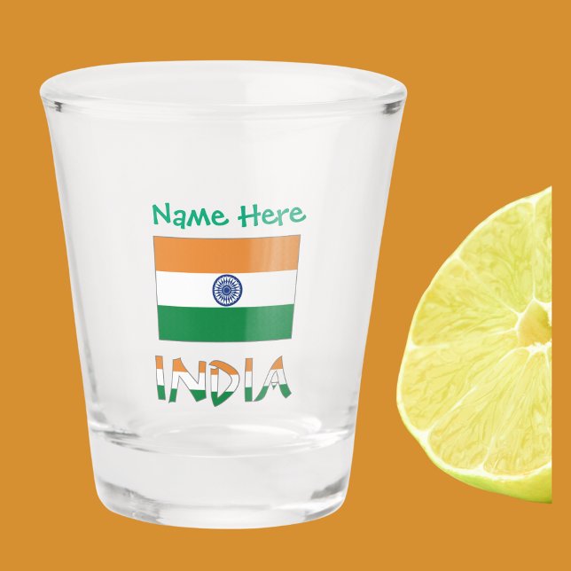 India Indian Flag Green Personalized  Shot Glass (Indian Flag on shot glass has the word INDIA below in flag colors. Add name in green text above.)