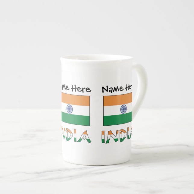 India Indian Flag Personalized Name  Bone China Mug (Front Right)
