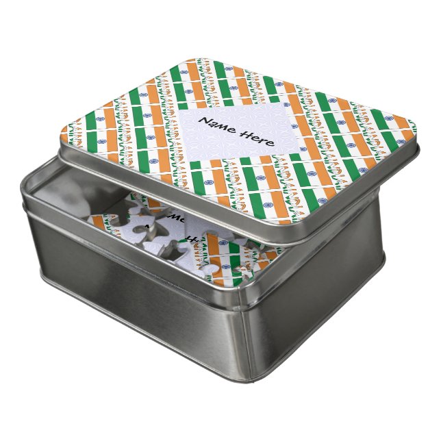 India Indian Flag Tiled Personalized Name  Jigsaw Puzzle (Lid Open)