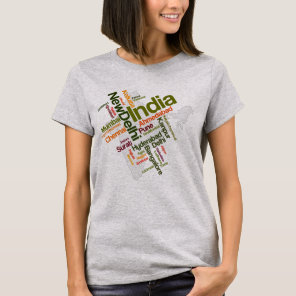 India Map Silhouette and City Names Word Cloud T-Shirt