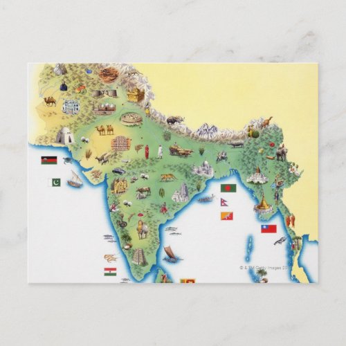 India map with illustrations showing postcard