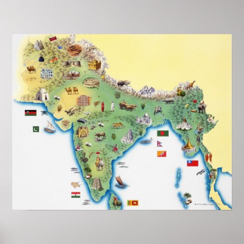 India map with illustrations showing poster