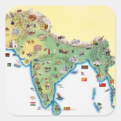 India map with illustrations showing square sticker