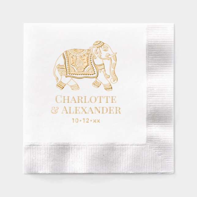 India Mehndi Elephant Wedding Couple Names Date Foil Napkins (Front)