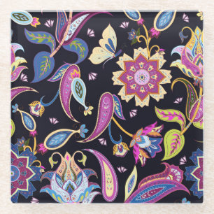 India Paisley Seamless Floral Ornament Glass Coaster