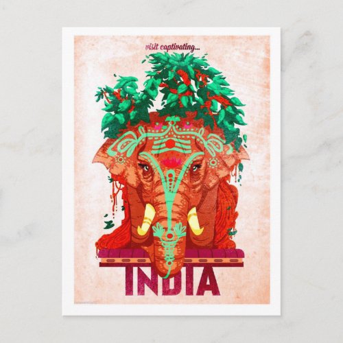 India red elephant vintage travel postcard